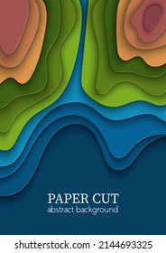 Vertical vector cover, blue green flyers with paper cut waves shapes, world earth map, ecology. 3D abstract art, design layout for presentations, flyers, posters, prints, decoration, cards, brochure