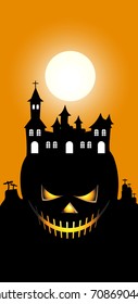 Vertical vector design of skull halloween with silhouette castle illustration in red background
