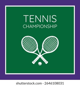 Vertical vector design with tennis championship text, two rackets and ball. Classic green court layout and clean typography style.