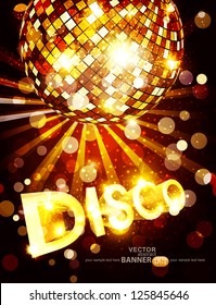 vertical vector disco background with golden disco ball and gold lettering