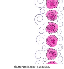 Vertical vector floral sketch. Flower pattern with roses. Hand drawn rose flowers. Vintage flower seamless pattern with copy space (place for your text). Magenta and violet roses pattern.