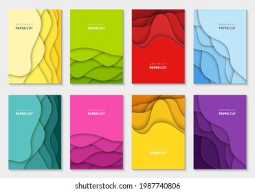 Vertical vector flyers with colorful paper cut waves shapes. 3D abstract paper style, design layout for business presentations, flyers, posters, prints, decoration, cards, brochure cover, banners.