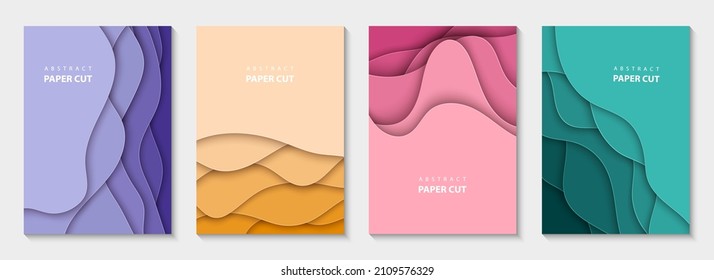 Vertical vector flyers with colorful paper cut waves shapes. 3D abstract paper style, design layout for business presentations, flyers, posters, prints, decoration, cards, brochure cover, banners.