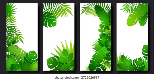Vertical vector frame of drawn tropical palm leaves of vibrant green color on white background. Bright isolated border or arrangement. Mockup with copy space, travel to tropics, interior plant design.