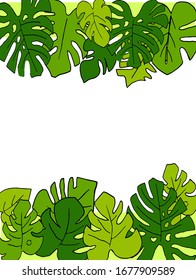 Vertical vector frame made of monstera leaves. The frame is made of tropical leaves.Doodle style.  Modern decor.For postcards, invitations, weddings, and design.