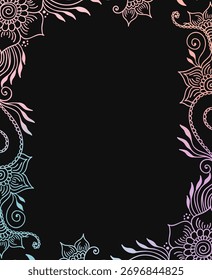 A vertical vector frame template. Features an intricate floral and paisley border in a colorful gradient. An elegant, modern mehndi-style design on a black background with copy space.
