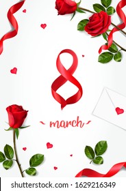 Vertical vector greeting cards with realistic roses to 8 march, can be used as invitation card for wedding, birthday and other holiday, easy to make other patterns and sets