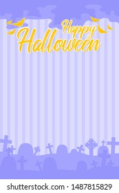 Vertical vector halloween banner with pastels purple silhouettes of graveyard on violet background with stripes and text Happy halloween with bats in orange colors