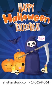 Vertical vector hand draw illustration in cartoons style with cute grim reaper with speech bubble and pumkins and candles and bat on blue background with stripes. Best for postcard, greeting card