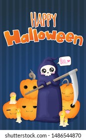 Vertical vector hand draw illustration in cartoons style with cute grim reaper with speech bubble and pumkins and candles  on blue background with stripes. Best for postcard, greeting card