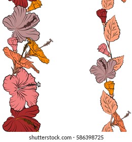 Vertical vector hibiscus flower seamless pattern in pink, orange and red colors on a white background with copy space (place for your text).