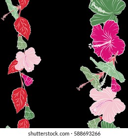 Vertical vector hibiscus flower seamless pattern in magenta and red colors on a black background with copy space (place for your text).