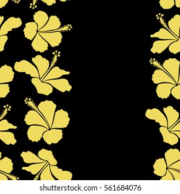 Vertical vector hibiscus flowers and buds retro seamless pattern illustration with copy space (place for your text) in yellow colors on a black background.