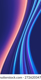 Ilustração vetorial vertical de trilhas de luz de néon abstratas fluindo através do espaço. A curva colorida dinâmica apresenta gradientes azuis e cor-de-rosa com um fundo estrelado, ideal para papéis de parede móveis e conceitos futuristas.