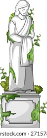 Ilustração vetorial vertical da estátua de pedra envelhecida no pedestal, coberta com vinhas verdes exuberantes