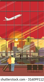 Vertical Vector illustration of airport lounge with large windows overlooking the city is a couple in love