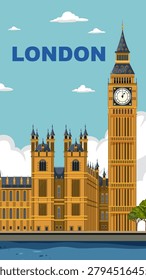 Vertical vector illustration of Big Ben and Westminster Palace beside the River Thames water
