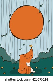 Vertical vector illustration with cute sitting ginger fox with yellow butterfly on nose, circle text holder and flying leaves around. 