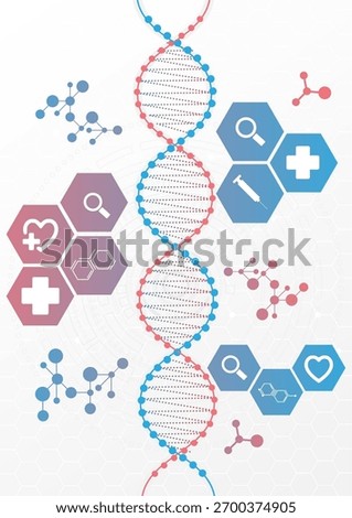 A vertical vector illustration of a DNA helix and medical icons on a light, abstract background. This clean, corporate design covers the full frame with science elements.