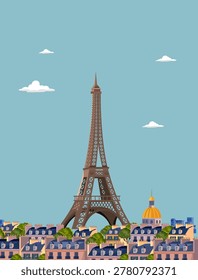 A vertical vector illustration of the Eiffel Tower rising above classic Parisian apartment buildings