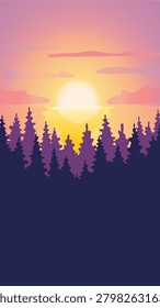 vertical vector illustration of a forest landscape at sunset with big sun and pink sky, adaptable for square crop and social media stories