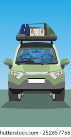 Vertical de Vector o ilustración de un coche verde. Se puede ver el interior del coche. Coche familiar para viajar con bastidor en el techo superior y equipaje. Fondo dos tonos de verde y azul.