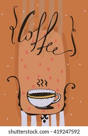 Vertical vector illustration with hand drawn lettering with word Coffee, dots and hot drink in a cute cup. Orange colorful background. Letters drawn in script style with decorative swirls and decor. 