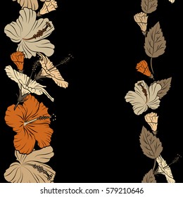 Vertical Vector illustration. Vector hibiscus flower seamless pattern in beige and orange colors and copy space (place for your text).