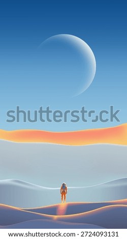 Vertical vector illustration of a lone astronaut standing on sand dunes under a large crescent moon. The minimalist sci-fi scene features blue and orange gradients, ideal for mobile wallpapers and futuristic concepts.