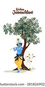Vertical vector illustration of Lord Krishna playing flute under a tree with a white cow for Happy Janmashtami social media story template.