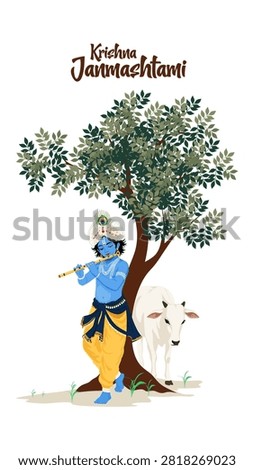 Vertical vector illustration of Lord Krishna playing flute under a tree with a white cow for Happy Janmashtami social media story template.