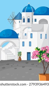Vertical vector illustration of Mediterranean architecture with white walls, blue domes, and blooming flowers.