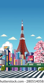 Vertical vector illustration of a modern metropolis with colorful buildings, trains, and blooming trees