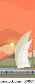 Vertical Vector illustration of sailboats on the water, floating on the river in the evening,