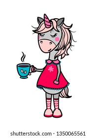 Vertical vector illustration. A sleepy unicorn stands sleepy with a cup in her hand.