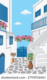 Vertical vector illustration of a sunlit Mediterranean street with white walls and blue doors.