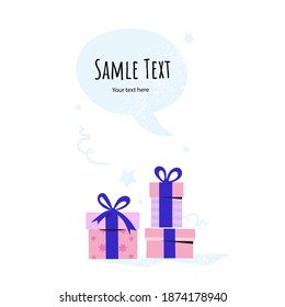 vertical vector illustration of three pink gift boxes isolated white background.