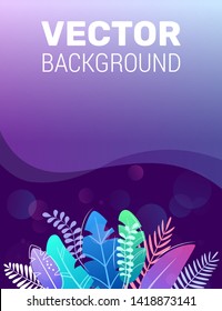 Vertical vector illustration in trendy stylish flat style on dark blue background and bright gradient colors - background with space for text. Space plants, leaves. For banner, greeting card, poster
