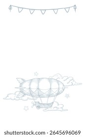Vertical vetor ilustração de um vintage Dirigível entre nuvens e grinaldas. Desenho linear de vintage Airship com estrelas para Baby Posters em cores azul pastel. Contorno da arte de retro Blimp.