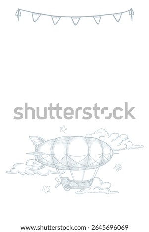 Vertical vector illustration of a vintage Dirigible among clouds and garlands. Linear drawing of vintage Airship with stars for Baby Posters in pastel blue colors. Outline art of retro Blimp.