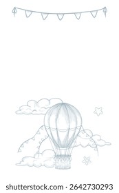 Ilustração vetorial vertical de um balão de ar quente vintage entre nuvens e guirlandas. Desenho linear de vintage Airship com estrelas para Baby Posters em cores azul pastel. Arte de contorno de Aerostat retro.