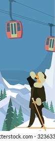 Vertical Vector illustration of a winter landscape with a cable car against the sky and mountains