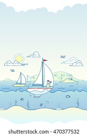 Vertical vector illustration of yacht and sailor sailing in the sea with coastline and trees on back. Sunny summer day and clouds. Front view. Underwater world with fish, jellyfish and seaweed.