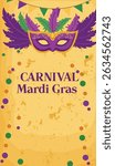 vertical vector illustrations celebrating Mardi Gras Carnival. Features masks, dancer, trumpet, beads and confetti. Perfect for cards, posters, social media stories.
