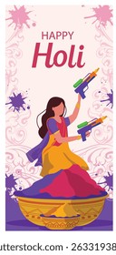 vertikale Vektorgrafiken für Happy Holi. Mit fröhlichen Frauen spielen mit Gulal Pulver und Pichkari Wasserpistolen. Ideal für Social-Media-Geschichten, Karten und Poster.