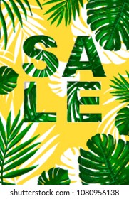 Vertical vector layout discount sale along with tropical leaves on a yellow background