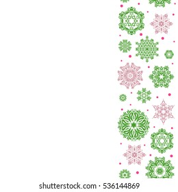 Vertical vector Merry Christmas Border in pink and green colors on white background with copy space (place for your text).