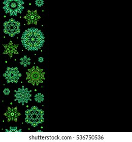 Vertical vector Merry Christmas Border in green colors on black background with copy space (place for your text).