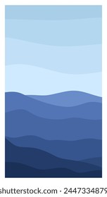Vertical vector mountain landscape. Blue silhouettes of mountain range and clear sky for social media stories, posters, postcard. Calm nature background. Colored flat vector illustration