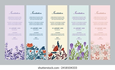 Plantillas de diseño de tarjetas de invitación ornamentadas vectoriales verticales. Conjunto de 5 plantillas de tarjetas de invitación florales en colores primaverales con lugar para textos